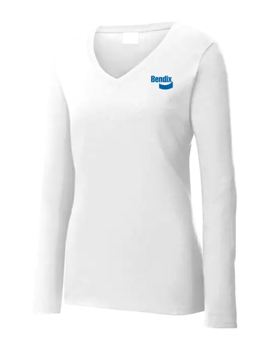 Womens  V-Neck Ring Spun White 4.5 oz Long Sleeve T-Shirt w/Bendix Logo