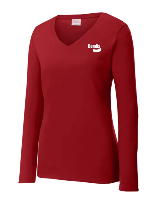 Womens V-Neck Ring Spun Cardinal 4.5 oz Long Sleeve T-Shirt w/Bendix Logo