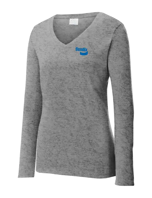 Womens  V-Neck Ring Spun Grey Heather 4.5 oz Long Sleeve T-Shirt w/Bendix Logo