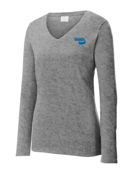 Womens  V-Neck Ring Spun Grey Heather 4.5 oz Long Sleeve T-Shirt w/Bendix Logo