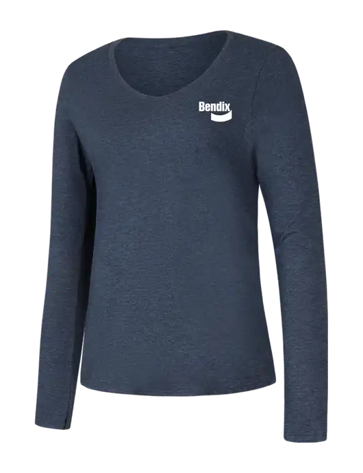 Womens Seriously Soft Heathered Navy V-Neck Long Sleeve T-Shirt w/Bendix Logo