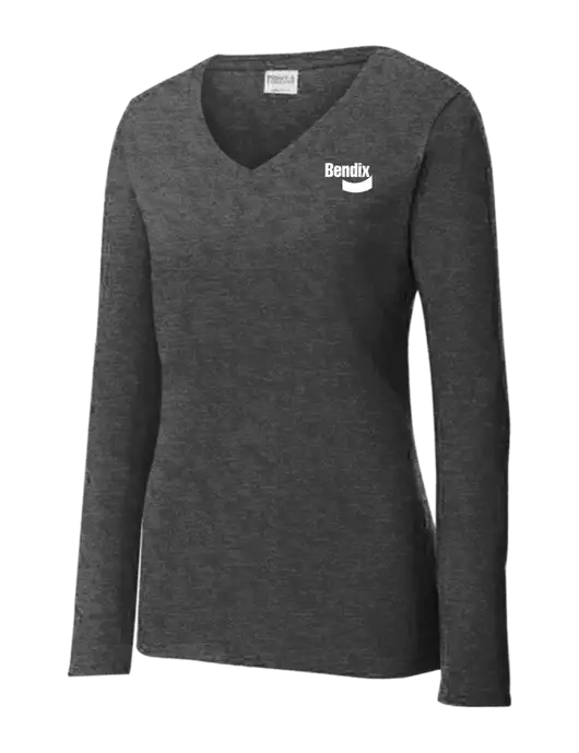 Womens  V-Neck Ring Spun Dark Heather Grey 4.5 oz Long Sleeve T-Shirt w/Bendix Logo