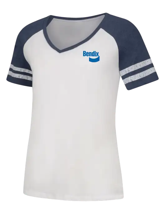Womens White/Navy Heather V-Neck Game Tee w/Bendix Logo