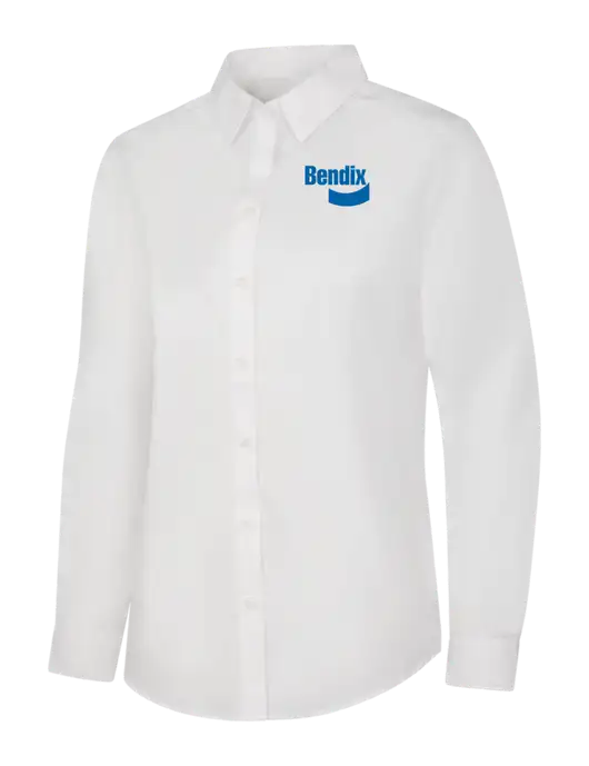 Womens White Long Sleeve Carefree Poplin Shirt w/Bendix Logo